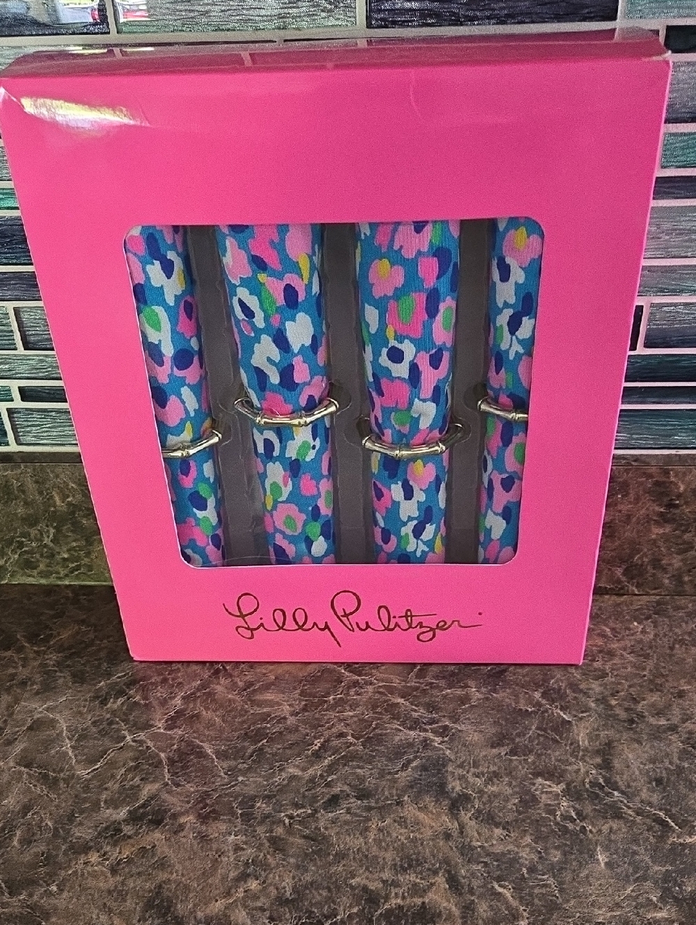 NIB Lilly Pulitzer Blue Floral Set Of 4 Napkins And Ring Holders
